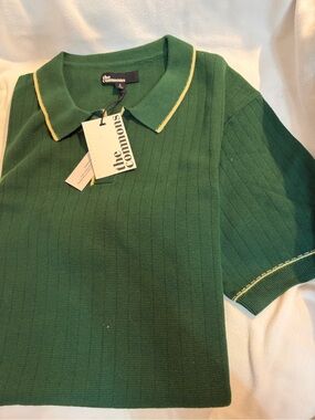 The Commons Men’s Green with Tan Trim Knit Short Sleeve Collared Sweater L Tall